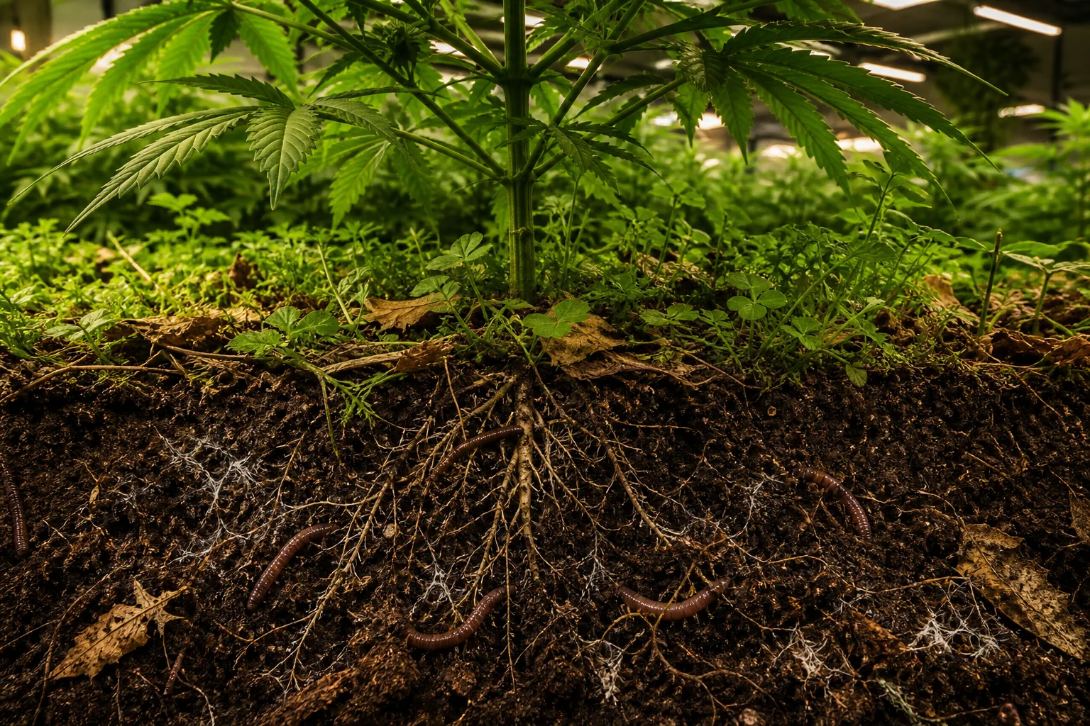 Cannabis roots, earthworms, mulch, and cover crop in a living-soil bed